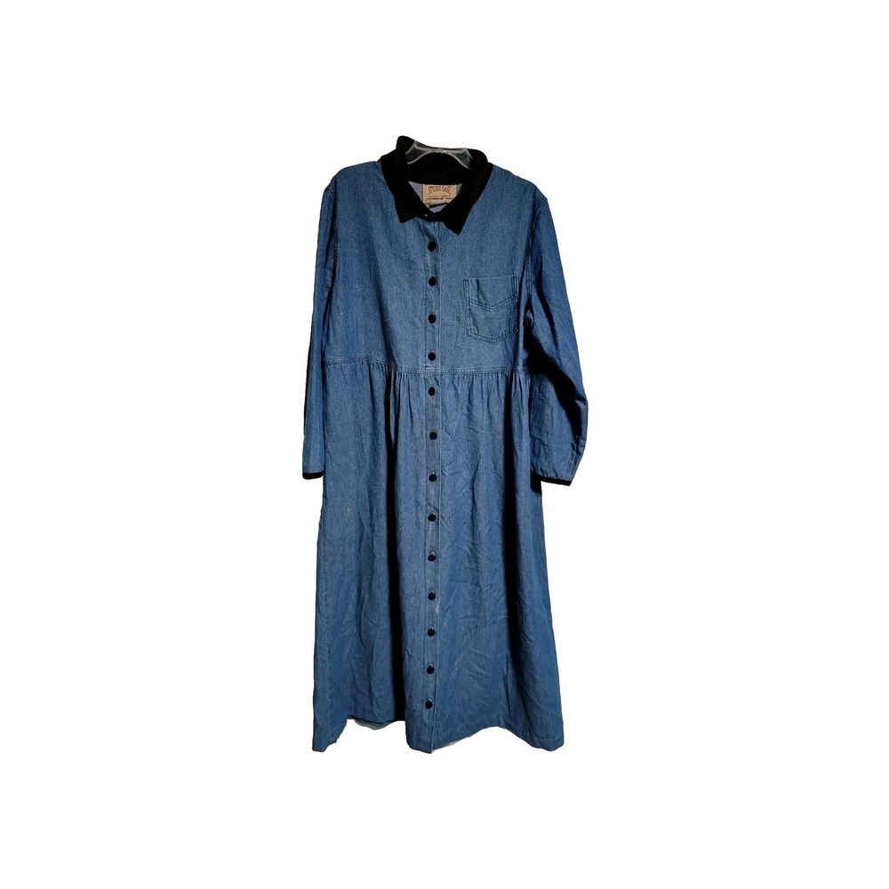 Vtg Studio Ease Sz 18 XL Long Denim Jeans Dress Velvet Corduroy Collar Modest